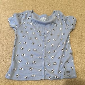 H Hollister, blue, small, baby Tee, butterflies